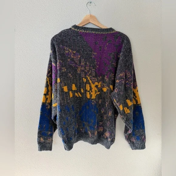 Vintage 90’s Magnet Abstract Knit Sweater Men’s L Gray Purple Yellow Blue
